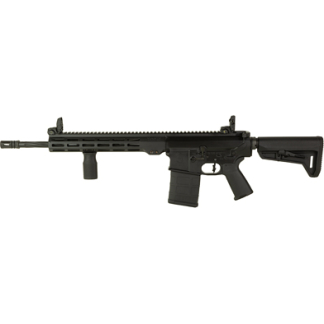 Profile view of a black AR-15 style rifle with collapsible stock and quad-rail handguard