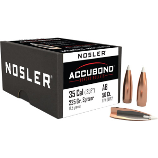 Nosler Accubond bonded bullets box with copper-colored bullets beside it, labeled 35 cal (.358) 225 gr. Spitzer.