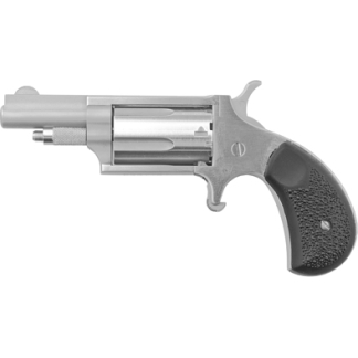 Side view of a silver revolver pistol with a black textured grip, facing left.