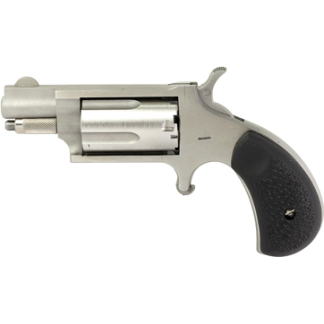 Silver revolver pistol shown from the side with a black textured grip.