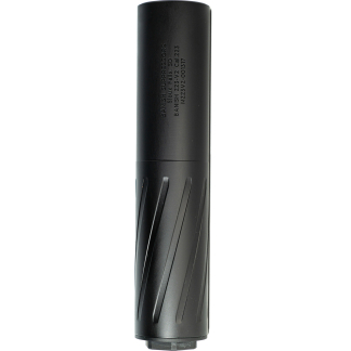 Close-up of a matte black cylindrical device with knurled grip near the bottom and vertical engraved text along the side.