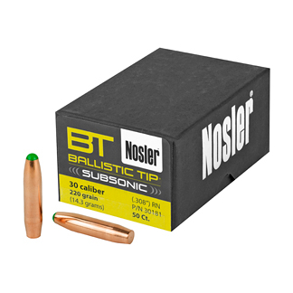 Nosler ammunition box labeled Ballistic Tip Subsonic, 30 caliber, 220 grain, with two copper cartridges beside
