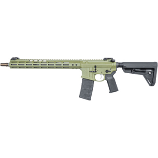 Olive green semi-automatic rifle with a long rail handguard, pistol grip, and adjustable stock.