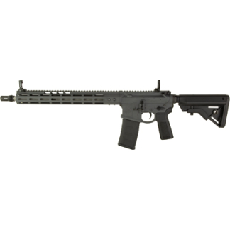 Black semi-automatic rifle with a collapsible stock, long quad-rail handguard, and pistol grip.
