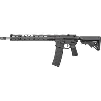 Black AR-style semi-automatic rifle with a detachable magazine, long ventilated handguard, and adjustable stock.