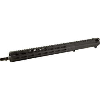 Black AR-15 style free-float handguard with multiple rail sections and muzzle at the left.