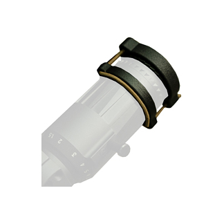 Close-up of a white optical lens barrel with a graduated scale ring and a black mounting clamp.