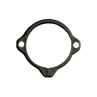 Round metal flange/gasket with a central hole and two outer bolt holes, likely for mounting around a pipe or shaft.