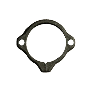 Circular metal flange clamp with two bolt holes on opposite sides and a small protruding tab at the bottom.