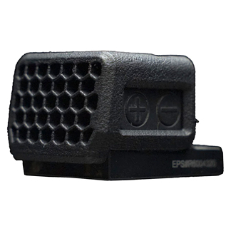 Close-up of a small black electronic module with a honeycomb vent on the left and two screw terminals on the right.
