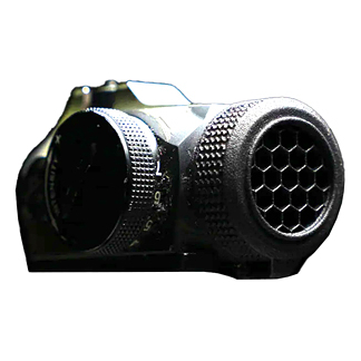 Infrared/thermal imaging camera with a honeycomb vent at the front, black and compact.