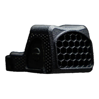Close-up of a black clip-on accessory with a hexagonal grill pattern on its front.