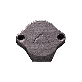 Dark gray metal knob with two mounting holes and a small raised mountain emblem.