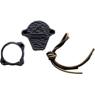 Three automotive parts: a circular flange gasket, a black irregular gasket with a triangular emblem, and a brown braided hose with metal ends.