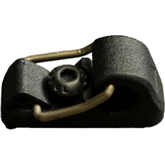 Close-up of a small black plastic hardware clip with a central screw and two copper wires forming a loop.