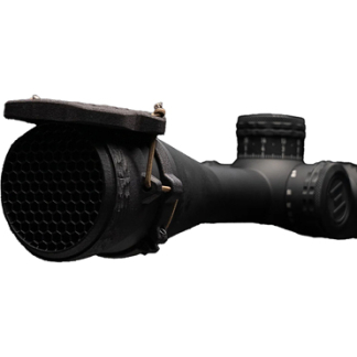 Close-up of a black rifle scope with the front objective lens and an open lens cover.