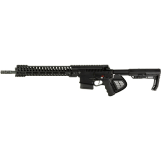 Black tactical semi-automatic rifle with a quad-rail handguard, forward grip, and adjustable stock.