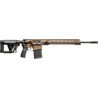 Tan-and-black AR-style rifle with a quad-rail handguard and adjustable stock, shown in side view