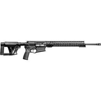 Black AR-style semi-automatic rifle with collapsible stock, pistol grip, and long handguard with a top Picatinny rail.