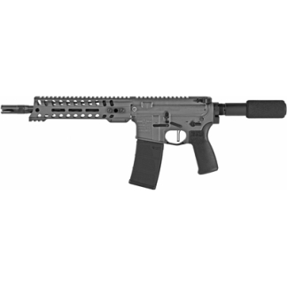 AR-style rifle with quad-rail handguard, detachable magazine, pistol grip, and suppressor attached to the barrel.