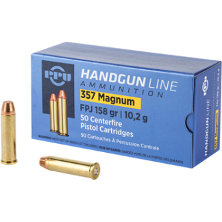 Blue box of 357 Magnum handgun ammunition with two brass cartridges beside it on a white background, image-focused product shot.