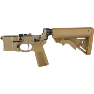 Tan AR-15–style rifle lower receiver with pistol grip and adjustable stock, shown in side profile.