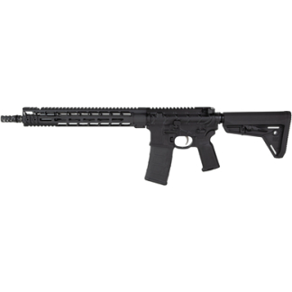 Black AR-style rifle with collapsible stock, quad-rail handguard, and pistol grip on a white background.