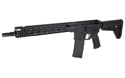 PWSMK1-M2R-223-14-PW_3jpg | ATFirearms Black AR-style semi-automatic rifle with a collapsible stock and quad-rail handguard, shown in profile.
