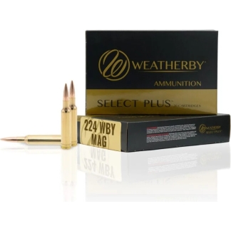 Brass rifle cartridges next to a black and gold Weatherby Select Plus ammunition box on a white background, 224 WBY MAG label visible.