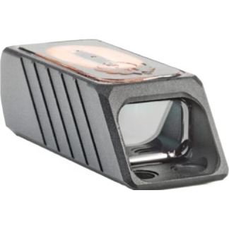 Compact optical device with a forward-facing lens and orange label on top, dark ribbed body visible on the sides.