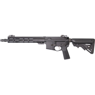 Black semi-automatic rifle with adjustable stock, long rail handguard, and front sights on a white background.