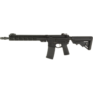 Black AR-style semi-automatic rifle with a collapsible stock, long quad-rail handguard, and a detachable magazine