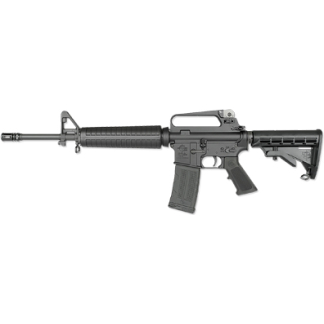 AR-15 style rifle with collapsible stock, ribbed handguard, and detachable magazine.