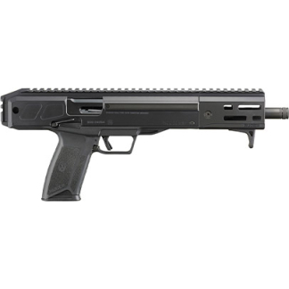 Black semi-automatic pistol with a top Picatinny rail and textured grip, shown in side profile (tactical handgun).