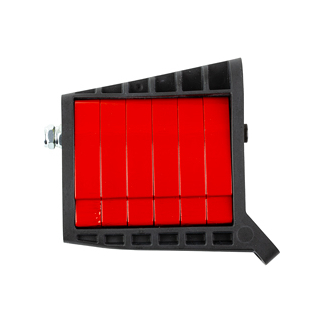 Red modular indicator panel in a black plastic frame, viewed at an angle, likely an electrical component or LED indicator assembly.