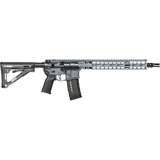 Semi-automatic rifle with collapsible stock, pistol grip, and long rail system along the top and handguard, with a detachable magazine