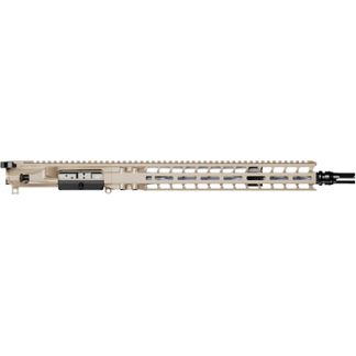 Tan AR-style upper receiver with a long vented handguard and muzzle device