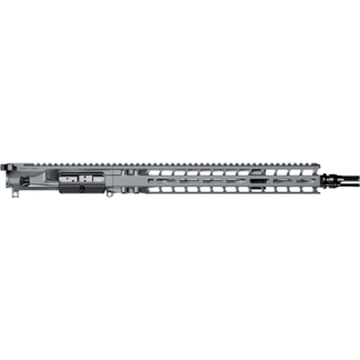 Side view of a modern rifle upper receiver with a free-floating handguard and muzzle device.