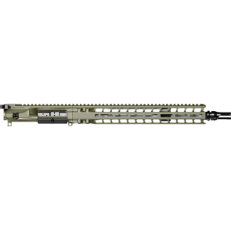 AR-style rifle with tan finish and a long quad-rail handguard shown in profile, viewed from the side.