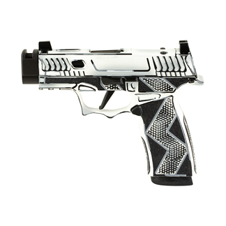 Semi-automatic handgun with a silver finish and textured black grip, shown from the side