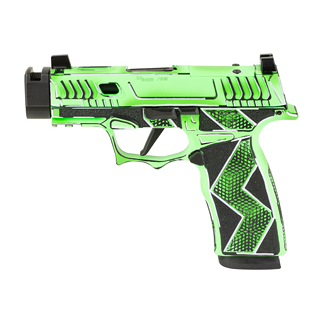 Green toy blaster pistol with a black textured grip on a white background, resembling a Nerf-style toy gun.