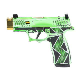 Bright green toy blaster pistol with a black grip and gold muzzle tip.