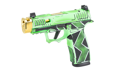 SCT300-252-0409-14_3jpg | ATFirearms Green toy blaster with a gold muzzle and black-and-green grip, designed to fire foam darts.