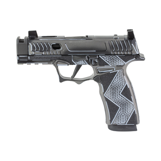Black semi-automatic pistol with a textured gray grip and rail