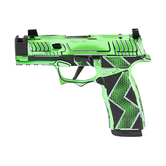 Green and black toy blaster pistol with a textured grip, isolated on white background.