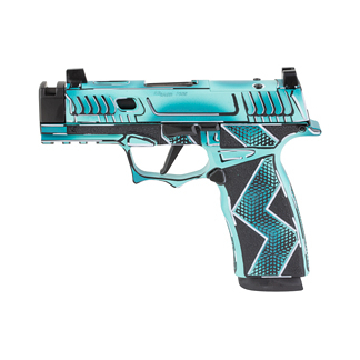 Colorful teal and black toy blaster pistol, shown from the side in a bright design.