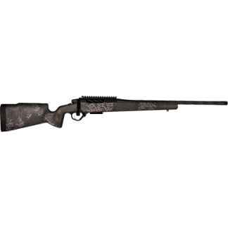 Bolt-action rifle with a camouflage pattern on the stock and receiver and a long barrel.
