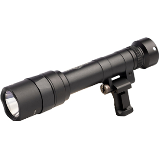 Black tactical flashlight with a mounting bracket, shown from a side angle.