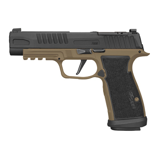 Side view of a tan-and-black semi-automatic pistol.