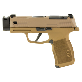 Tan SIG Sauer semi-automatic handgun with a black slide, shown in right-profile view.